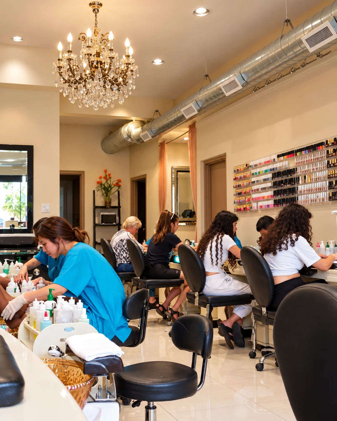 Queen Nails & Spa manicure stations and salon chandelier